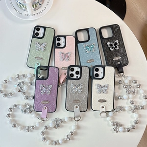 Leather texture phone case with rhinestone butterfly and pearl strap for iPhone series