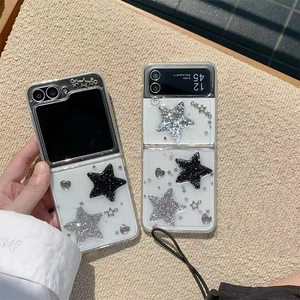 Detail of Galaxy Z Flip case featuring glitter stars and hearts on clear TPU texture