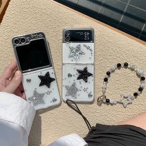 Sparkly star glitter clear cases for Samsung Galaxy Z Flip series with beaded lanyards