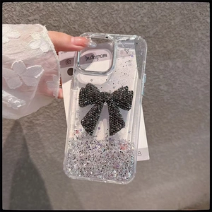 Luxury iPhone case with black rhinestone butterfly and silver glitter sequins