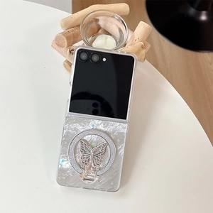 Detail of Galaxy Z Flip case with silver butterfly ring stand and pearl shell texture