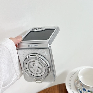 Detail of silver glitter flip case for Samsung Z Flip with dollar sign ring stand