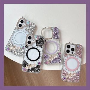 Luxury Rhinestone Flower Magnetic Phone Case Compatible With Smartphone 3D Butterfly Crystal Artificial Pearl Decor Fashion Women