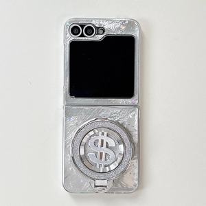 Close-up of glitter phone case with silver star accents and dollar sign ring holder