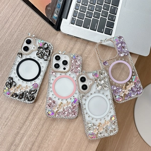 Luxury rhinestone flower MagSafe cases for iPhone 16 Pro Max in four assorted colors