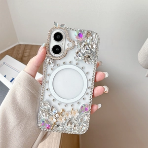 Luxury rhinestone flower iPhone case with magnetic MagSafe and 3D butterfly design