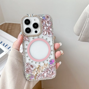 Detail of luxury rhinestone flower iPhone case with pink magnetic ring and 3D floral accents