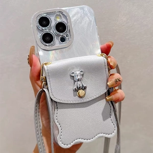 Silver bear wallet phone case for iPhone with crossbody strap and litchi texture