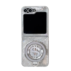 Silver foil glitter phone case for Samsung Z Flip series with a gold dollar sign ring stand
