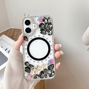 Detail of luxury rhinestone flower magnetic case for iPhone with crystals and 3D floral accents