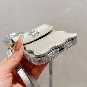 Silver bear wallet case for iPhone 15 Pro Max with crossbody strap and card holder