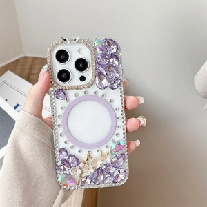 Detail of luxury rhinestone flower iPhone case with purple crystals and MagSafe ring