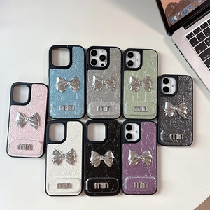 Phone Case Wrinkled PU Leather Silver Metal Bowknot Folding Mirror Stand Protective Hard Shell Luxury Elegant For iPhone