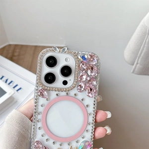 Detail of luxury rhinestone flower iPhone case with pink crystals and MagSafe magnet