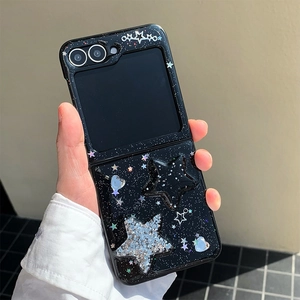 Detail of Galaxy Z Flip case with 3D silver stars and glittery sequin texture