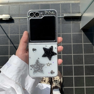 Detailed view of transparent Z Flip case with glittery stars and heart decorations