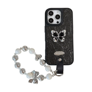 Luxury black leather iPhone case with rhinestone butterfly and beaded wrist strap