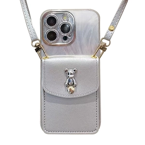 Silver metallic bear card holder phone case for iPhone with adjustable crossbody strap