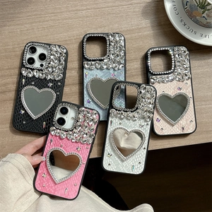 Luxury Rhinestone Heart Mirror Phone Case For IPhone 17 16 15 14 Pro Max Snake Skin Texture Leather Butterfly Bling Cover