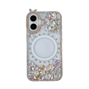 Luxury rhinestone floral magnetic phone case for iPhone with pearls and butterfly charm