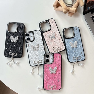 Luxury rhinestone butterfly phone case for iPhone with pearl tassel and snakeskin leather