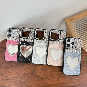 Luxury rhinestone heart mirror iPhone case with snake pattern leather in five colors