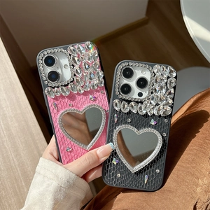 Rhinestone heart mirror phone case for iPhone with luxury snakeskin leather texture