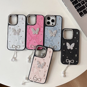 Luxury Rhinestone Butterfly Phone Case For iPhone Crocodile Texture PU Leather With Artificial Pearl Bowknot Pendant Elegant Cover