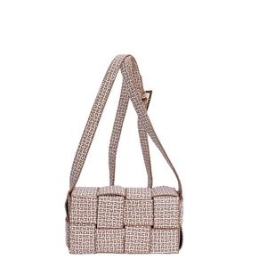 Pink woven leather shoulder bag with pattern grid and adjustable long strap