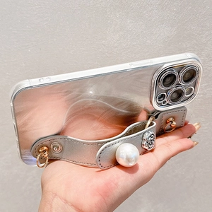Luxury iPhone clear case with flower pearl wrist strap and metallic rose decoration