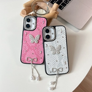 Lattice leather iPhone case with rhinestone butterfly and pearl tassel fringe pendant