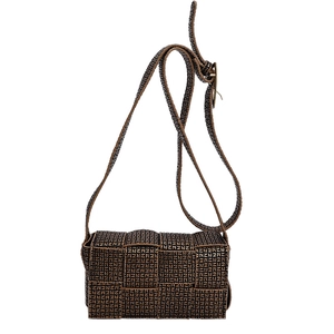 Brown woven crossbody bag with checkerboard pattern and logo print for women