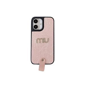 Pink pleated leather iPhone case with shimmering star chain and metallic letter logo