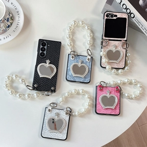 Luxury rhinestone crown mirror phone case with pearl strap for Samsung Z Flip series