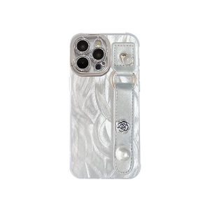 Silver silk texture iPhone case with metallic rose wrist strap and pearl decoration