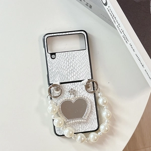 White snake pattern folding phone case with heart mirror and pearl handle for Galaxy Z Flip