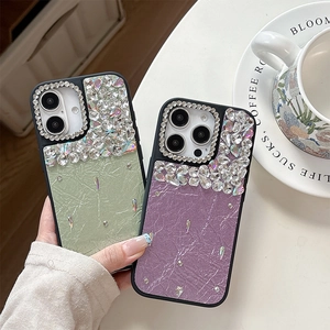 Coque de luxe en cuir à strass pour iPhone en couleurs vert menthe et lilas