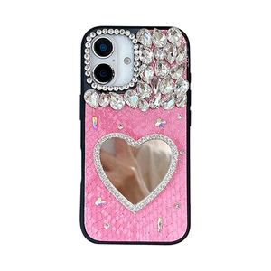 Pink faux snake skin leather iPhone case with heart mirror and sparkling rhinestones