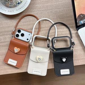 Coque de téléphone en cuir avec pochette cœur en strass et dragonne élégante