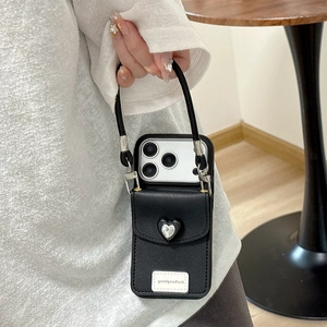 Coque iPhone en cuir noir avec portefeuille en strass cœur et bandoulière amovible