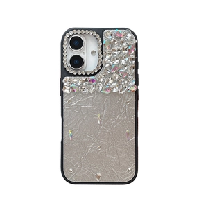 Coque de luxe en cuir noir avec strass scintillants pour iPhone 16 Pro Max