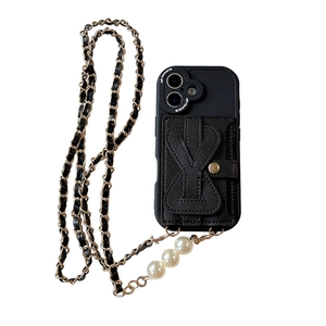 Black iPhone case with crossbody pearl chain strap and integrated leather card holder