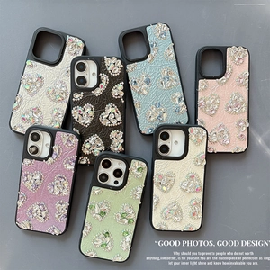 Luxury PU Leather Rhinestone Heart Phone Case For IPhone Bling Colorful Protective Cover Luxury Style For Women Girls