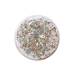 Glittery round collapsible phone grip with holographic sequins for stable table viewing