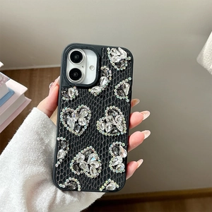 Luxury black lace pattern iPhone case with rhinestone heart and butterfly accents