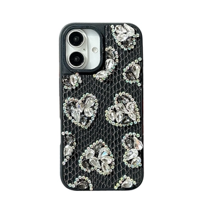 Luxury black lace iPhone case with sparkling rhinestone heart-shaped pattern decor