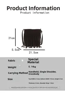 Size chart and specifications for the minimalist tassel crossbody bag with dimensions