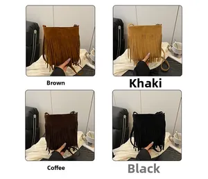 Detailed comparison of tassel crossbody bags in brown, khaki, coffee, and black suede texture