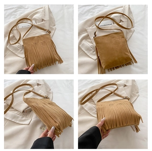 Multi-angle views of a brown faux suede tassel crossbody bag with bohemian fringe detail