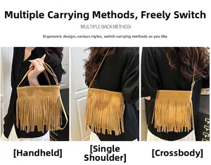 Detail view of ginger suede crossbody bag with tassels shown in three wearing styles